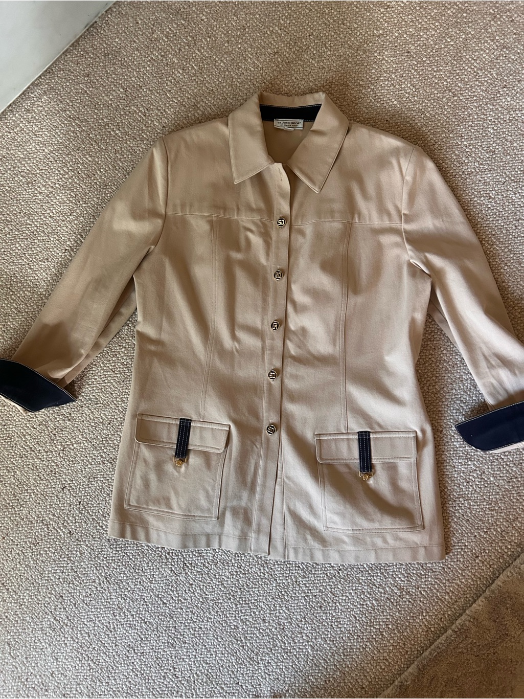 St. John Sport By Marie Gray Beige Jacket With Navy Trim